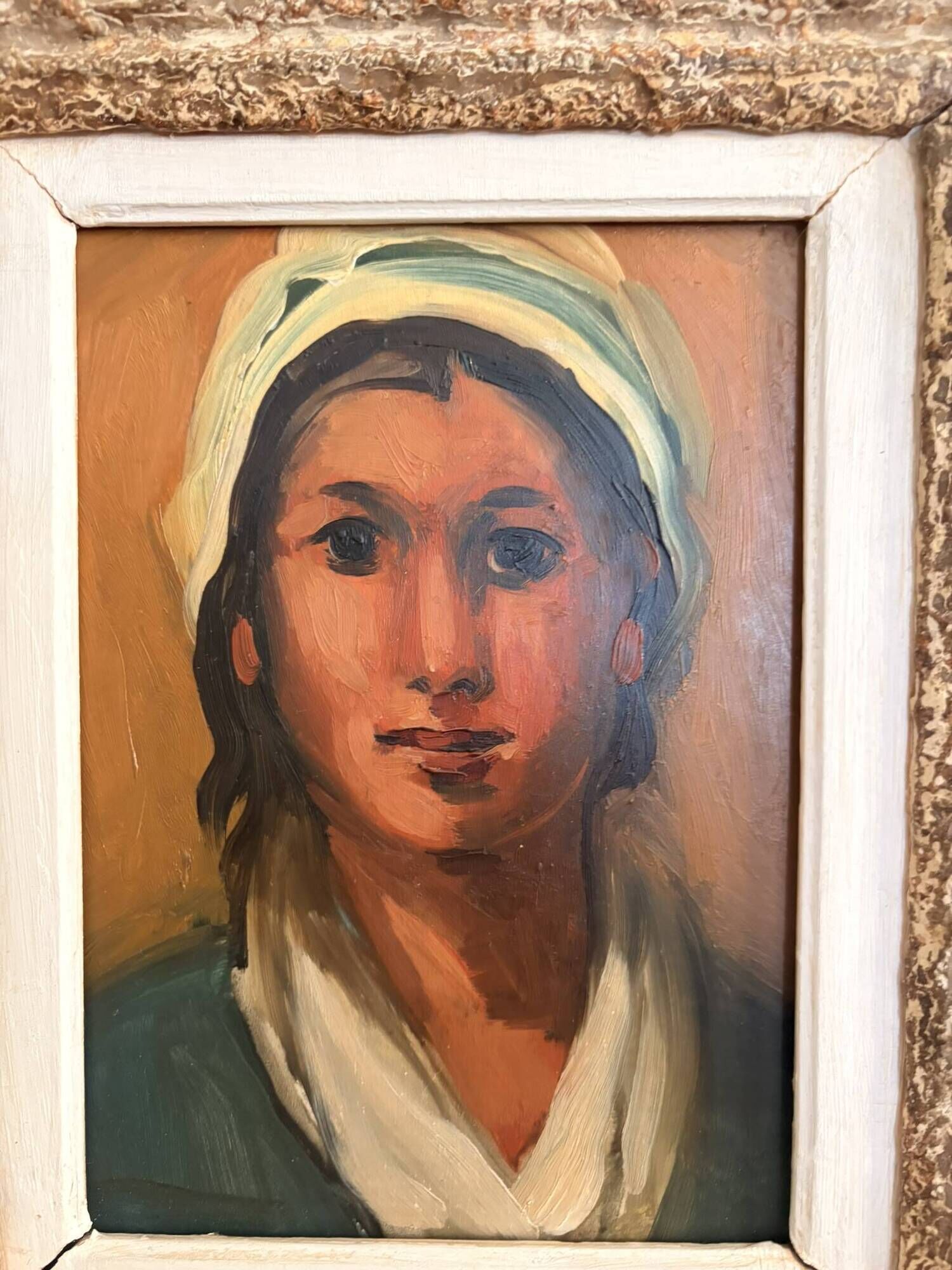 Tableau by Pedro Creixams, Oil, Portrait of a Woman with a Scarf, School of Paris.