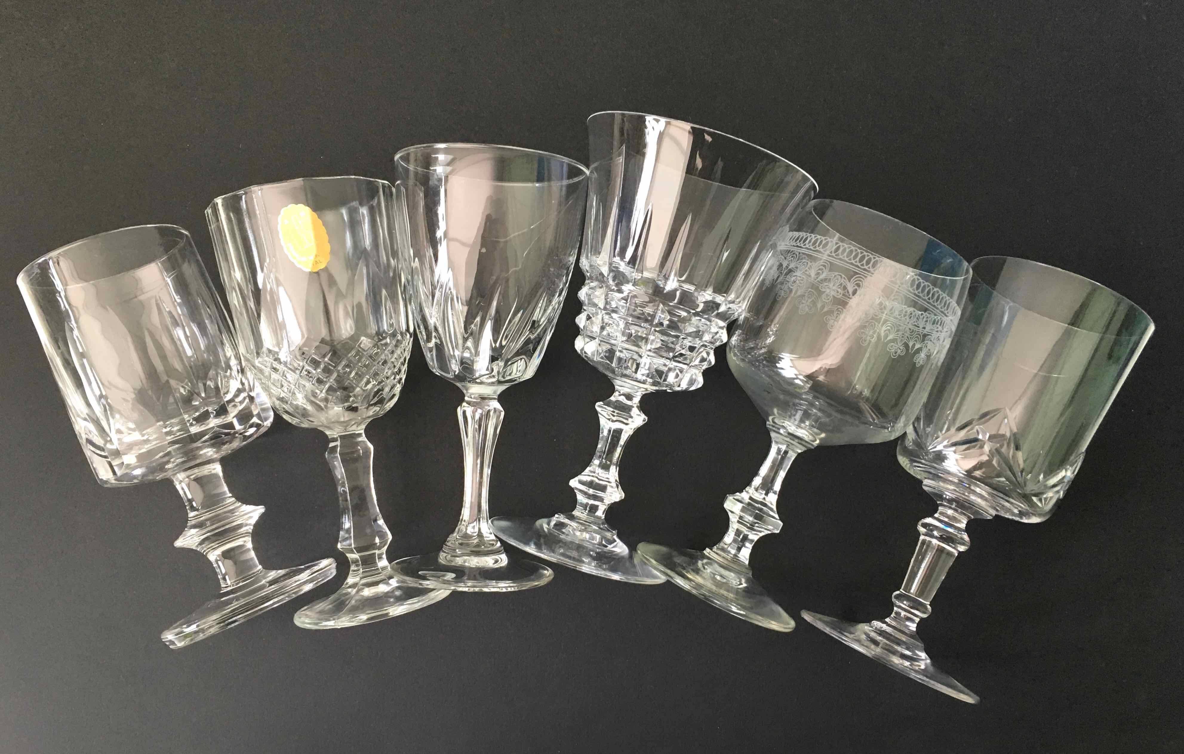6 assorted crystal wine glasses