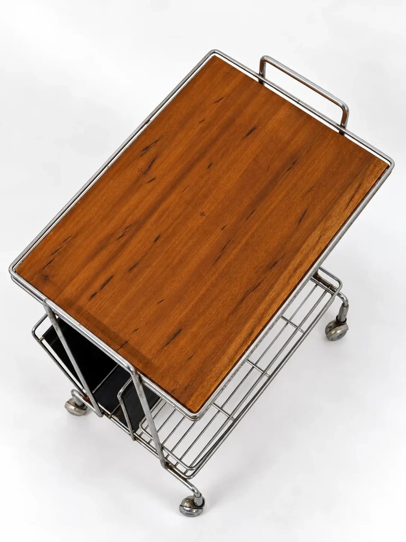Mid-Century chrome and wood bar cabinet with magazine rack