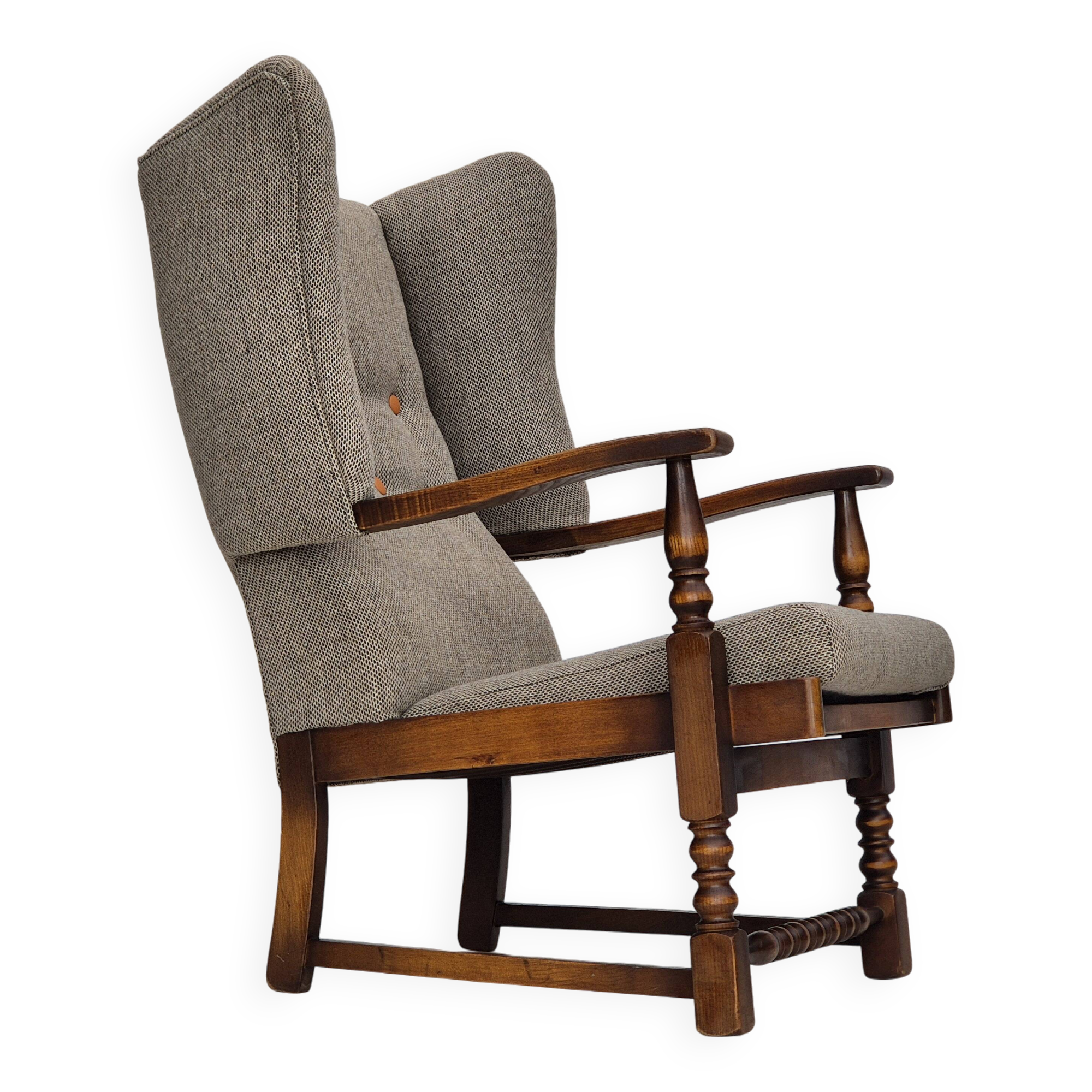 1960s, Scandinavian design, reupholstered high-back armchair, furniture wool, oak wood.