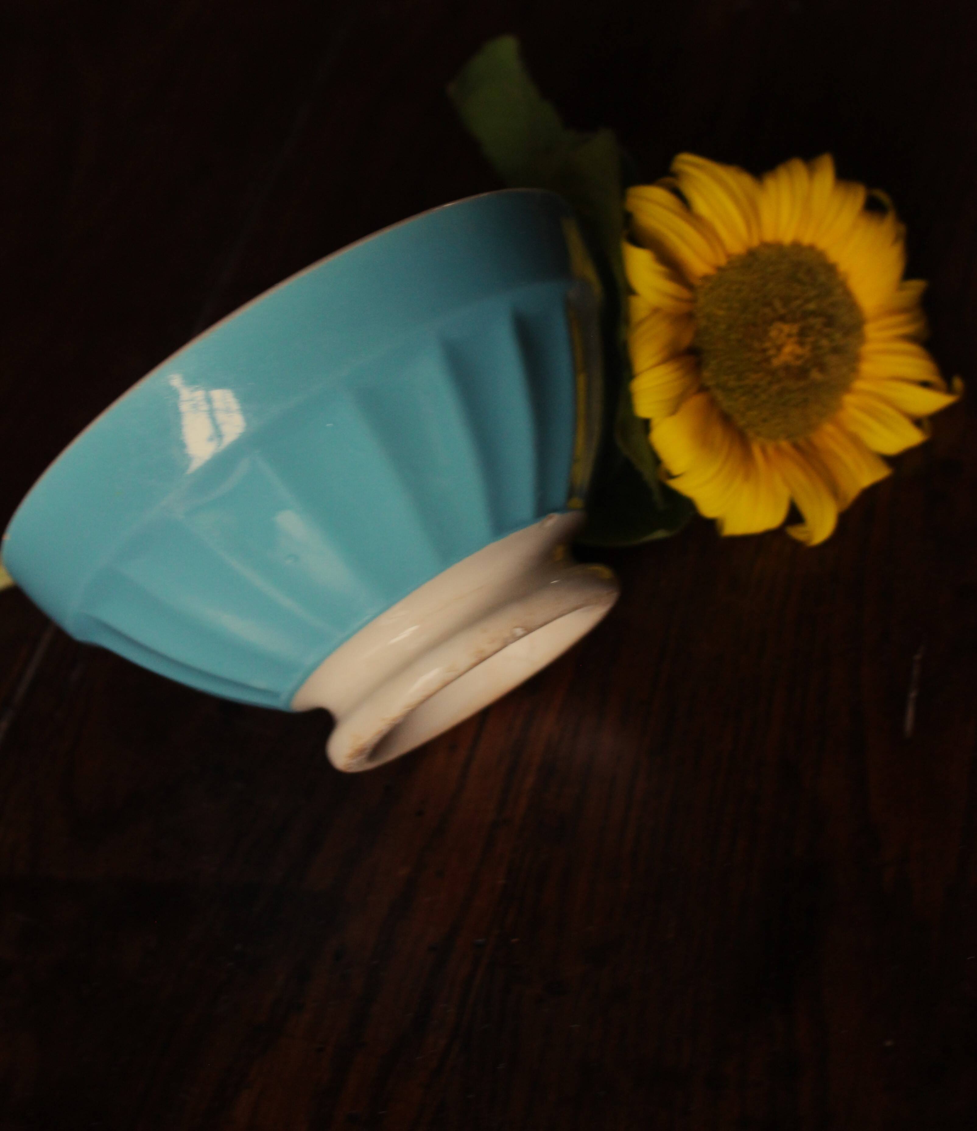 Vintage Digoin Sarreguemines blue ribbed earthenware bowl on foot