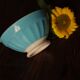 Vintage Digoin Sarreguemines blue ribbed earthenware bowl on foot