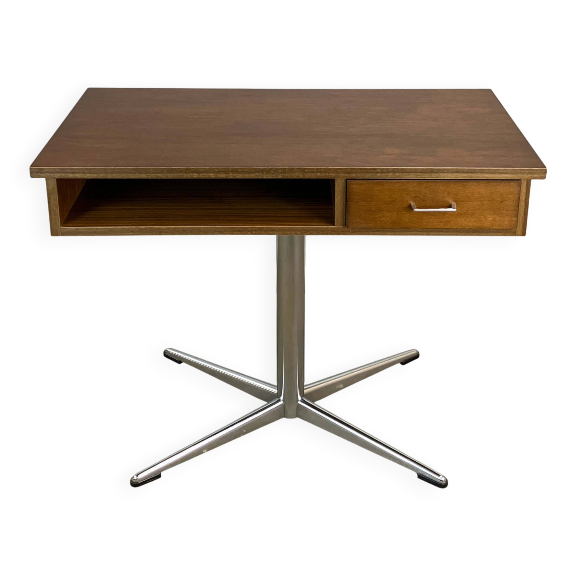 Swivel TV stand/side table, chrome frame with dark walnut, 1970s