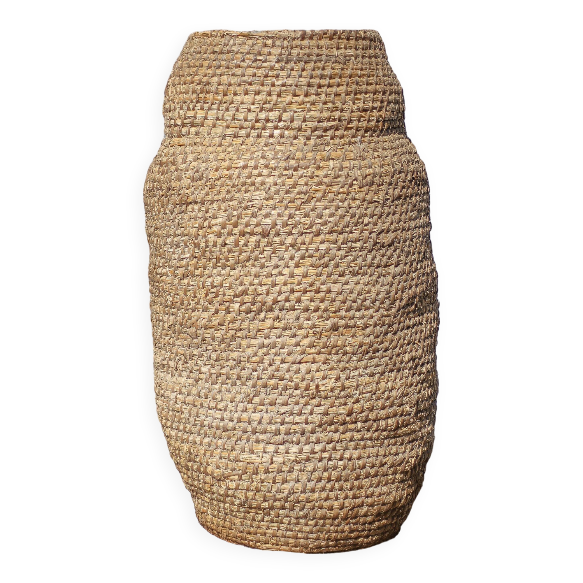 Large old basket, burgundy straw and bramble, woven basket