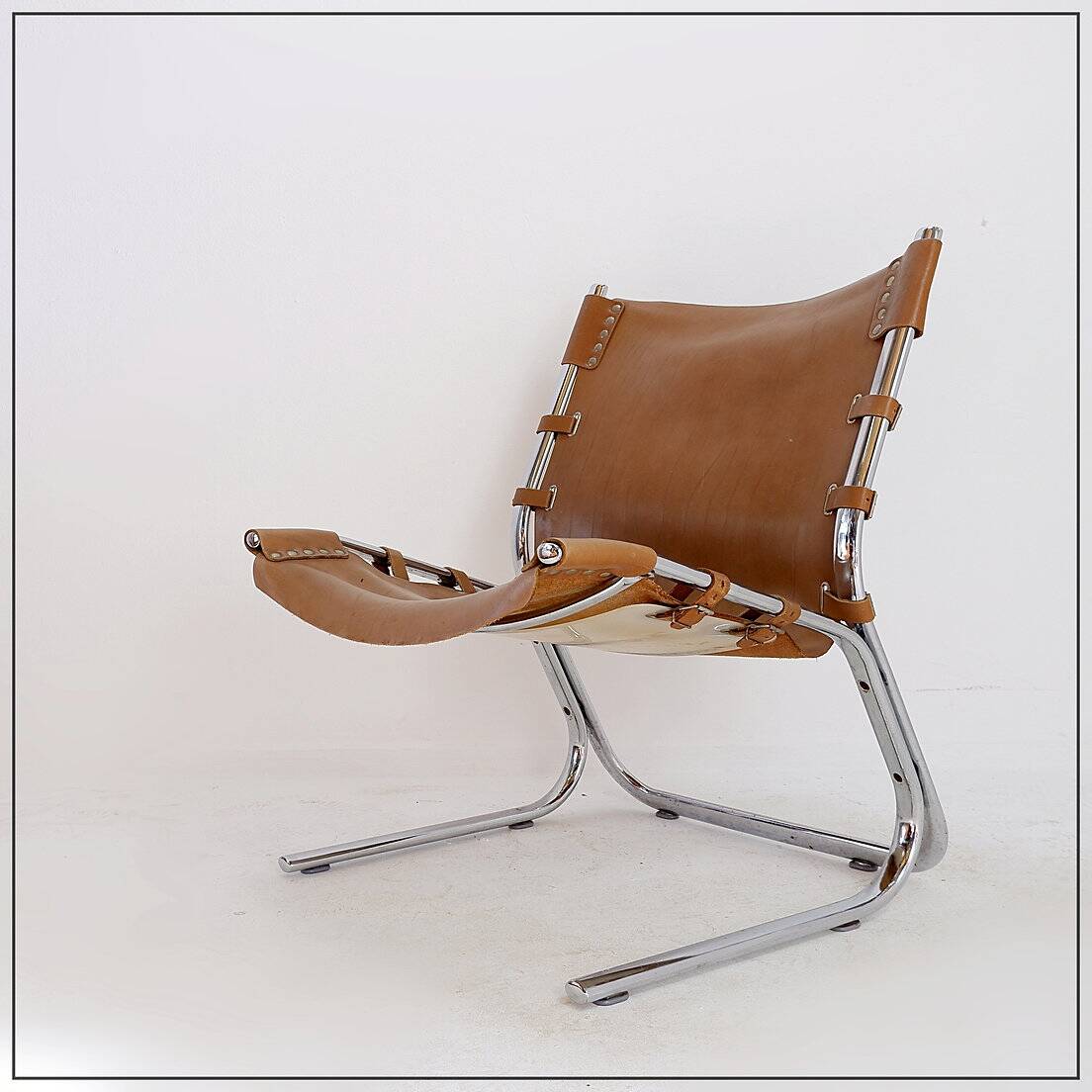 Vintage Leather and chrome Tubular Lounge Sling Chair, 1960s