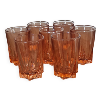 Set of 7 vintage Rosaline liqueur glasses in translucent pink glass