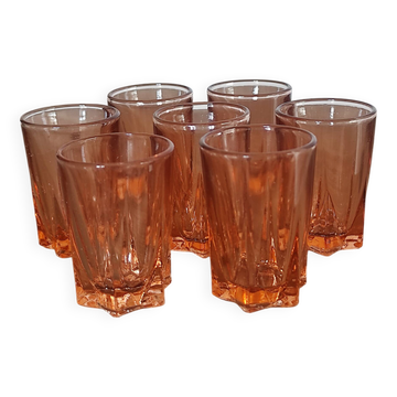 Set of 7 vintage Rosaline liqueur glasses in translucent pink glass