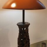 Large carved wooden lamp and mushroom lampshade