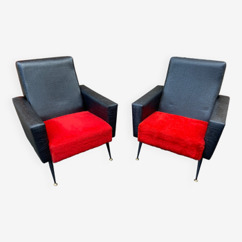Pair of vintage armchairs year 60 in red and black skaï