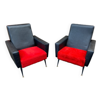 Pair of vintage armchairs year 60 in red and black skaï