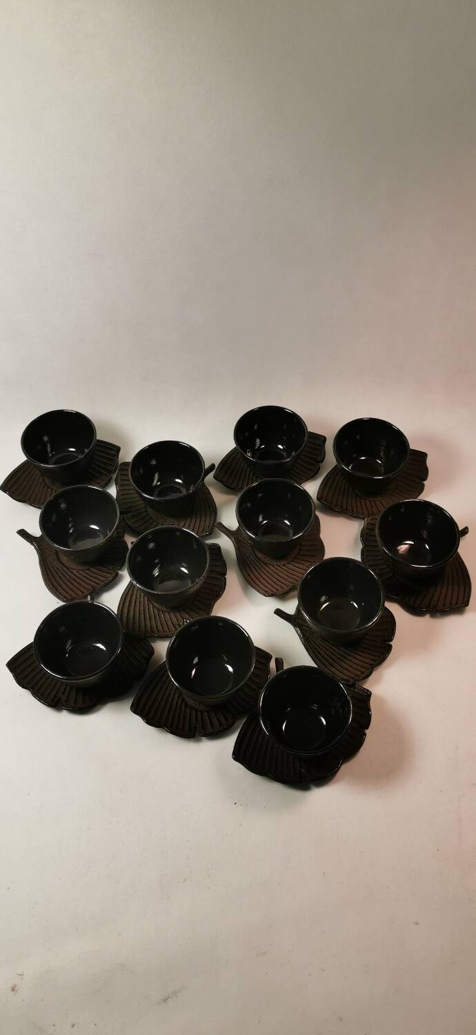 Set of 12 Asian Tea Cups and Saucers in Enameled Cast Iron