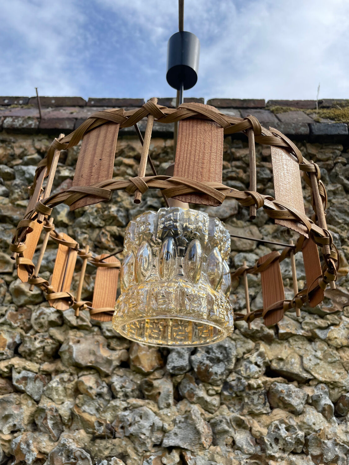 Rattan wood and glass pendant light 1970