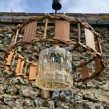 Rattan wood and glass pendant light 1970