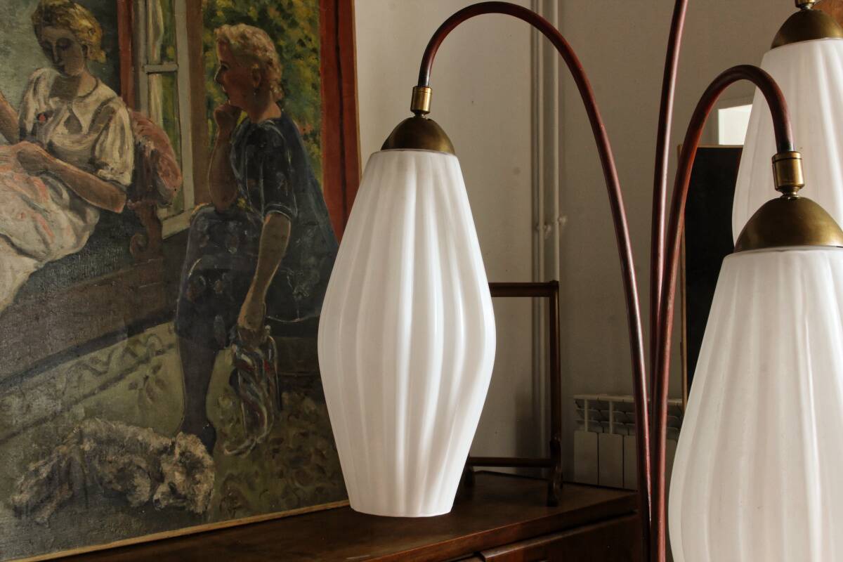 Lampadaire Lunel, 3 tulipes en verre blanc