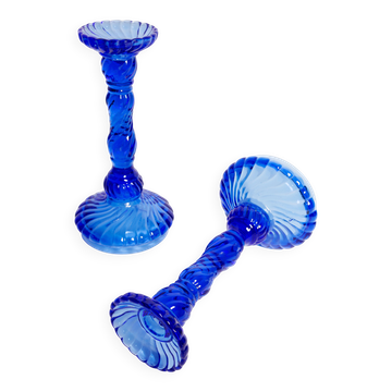 Set of two deep blue glass candlesticks from the mid-century, Poland, 1960s.