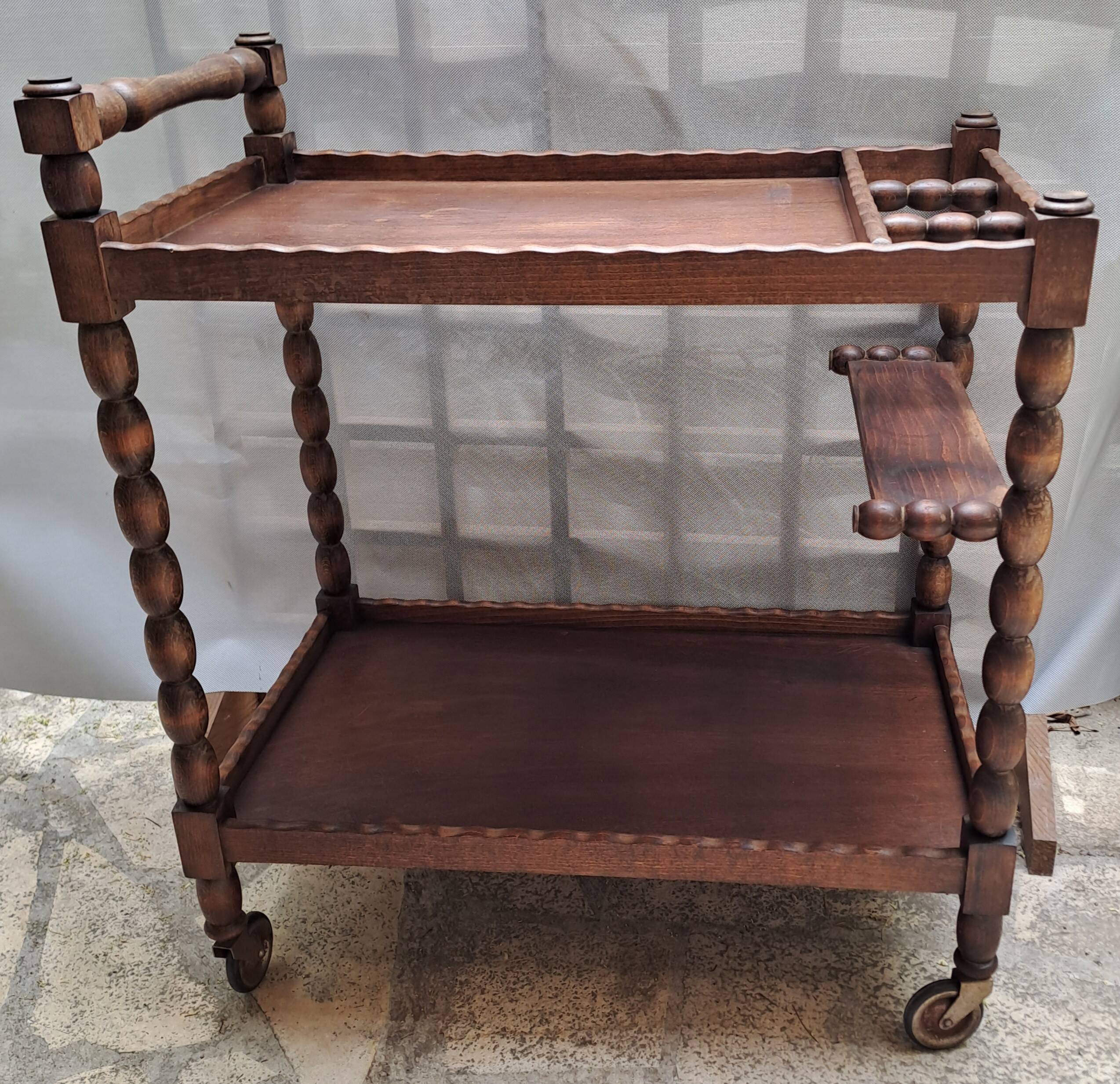 Dessert, table with wheels, side table in solid wood stained brown color France 1960