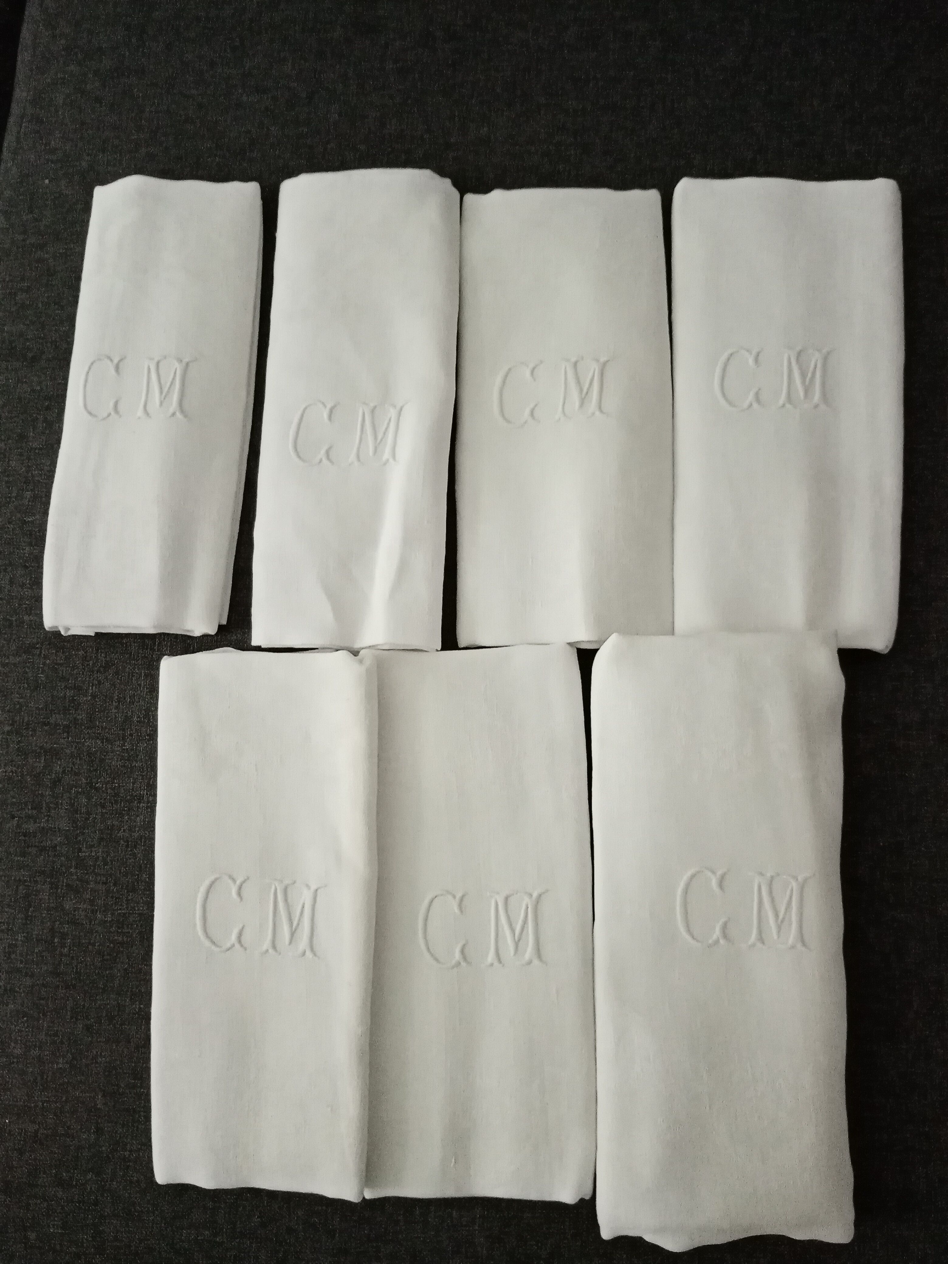 Lot de 6 anciennes serviettes damas broderie monogramme CM