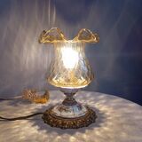 Baroque inspired table lamp, bronze, ceramic flowers and glass globe
