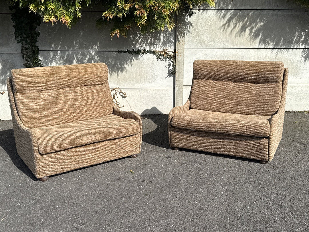 Fauteuil convertible vintage en tissu beige et marron