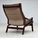 1970s, Scandinavian lounge chair, nubuck leather, canvas, beech wood.