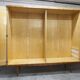1960s Scandinavian wardrobe, blonde varnished wood, unusual, 4 doors, 3 drawers, 7 shelves.