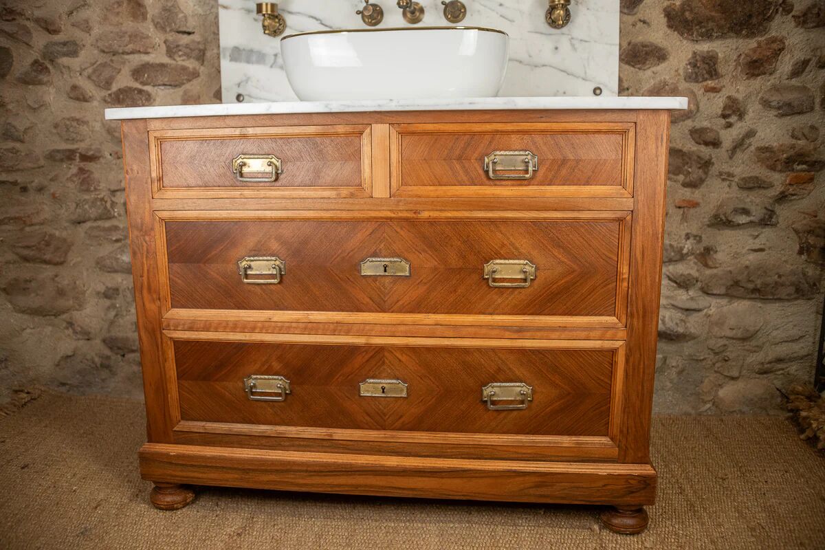 Antique washbasin cabinet from 1928 in wood and marble with a lighted mirror.