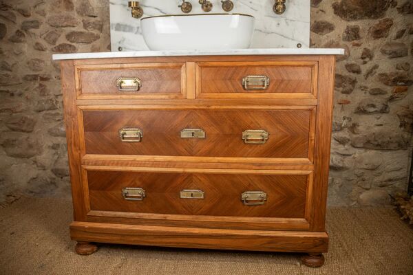 Meuble sous vasque ancien de 1928 en bois et marbre avec miroir éclairant