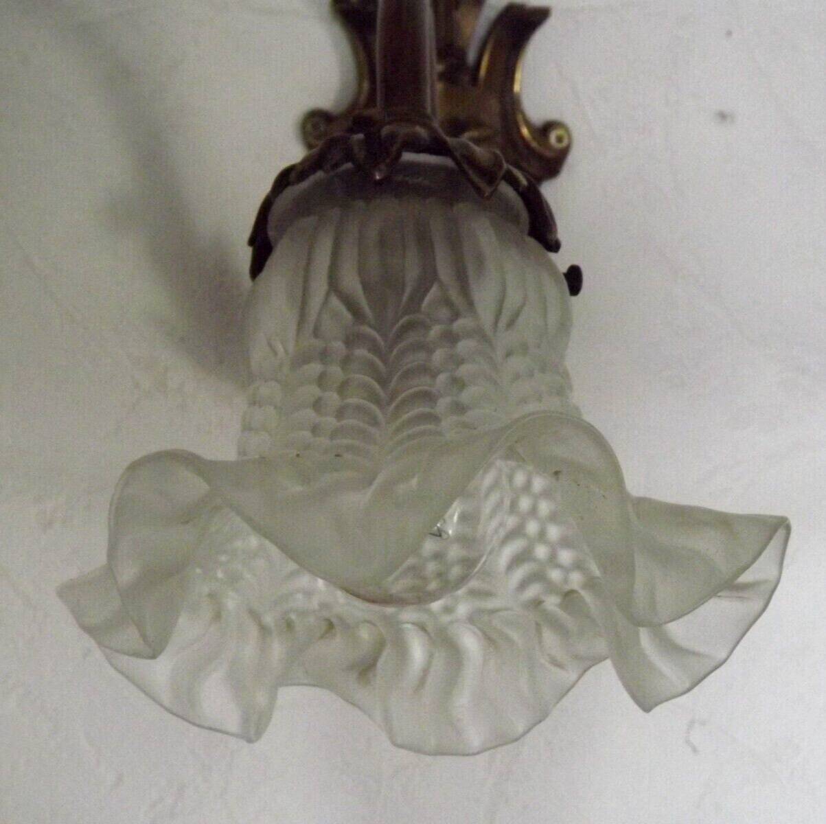 Pair French Antique Brass Greenman Single Wall Lights White Frilled Shade 4572