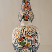 Delft-style ceramic table lamp from France around 1900 with a new blue velvet shade.