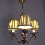 french vintage 3 light porcelain with rose decoration & gold metal chandelier cream shades