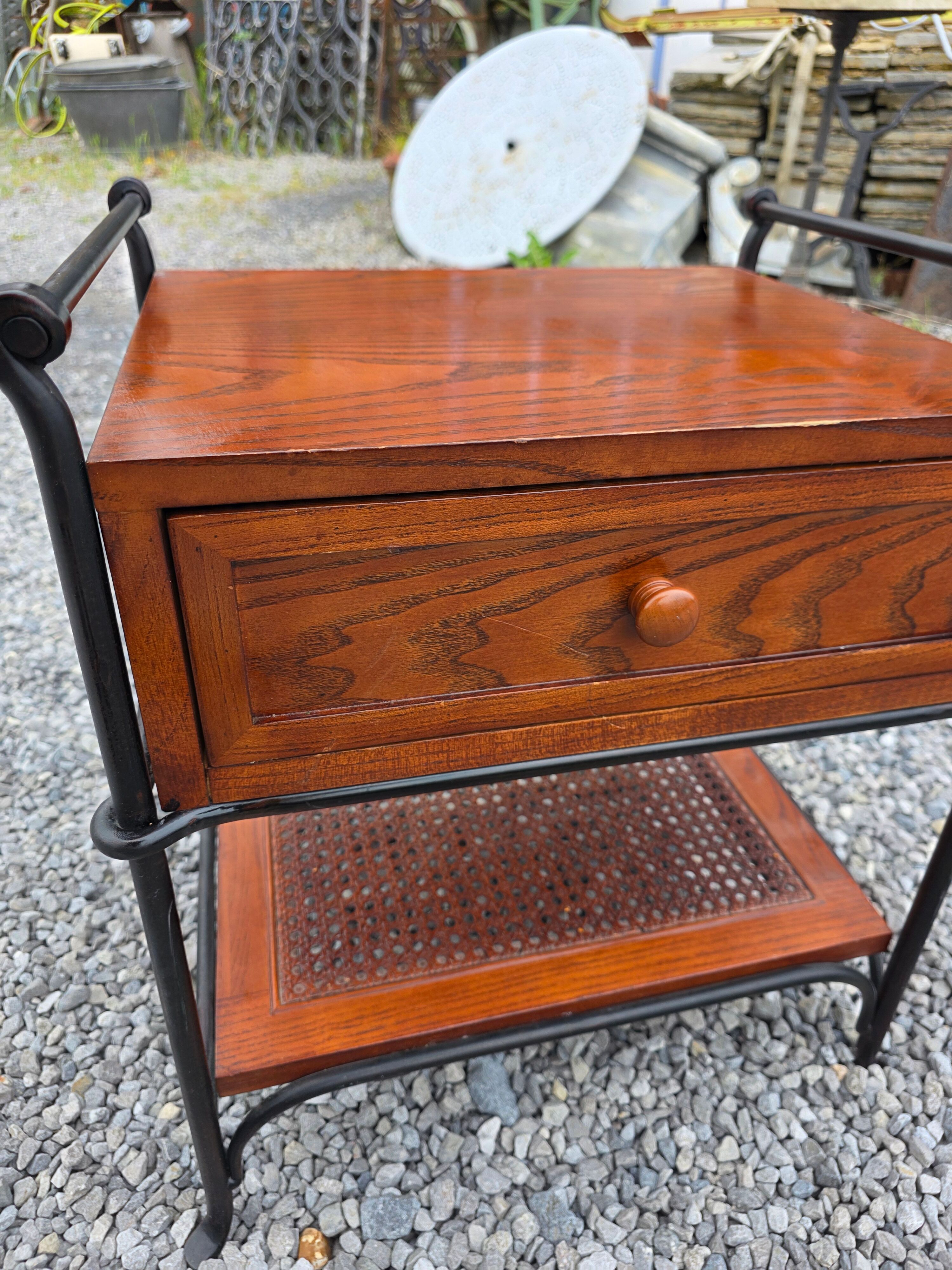 Vintage bedside table in solid oak and wrought iron.