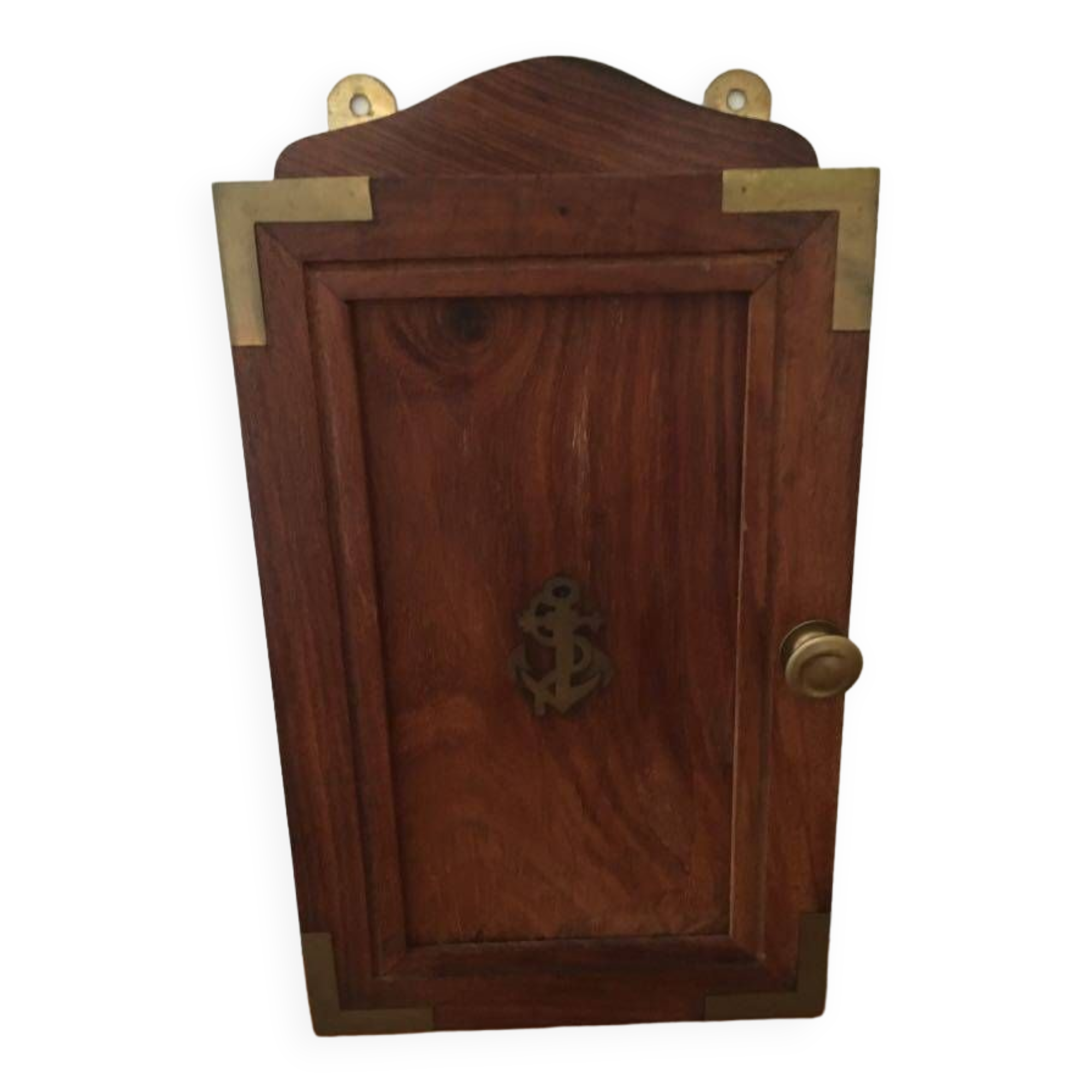 Key box in wood and brass and central motif representing a sailor's anchor