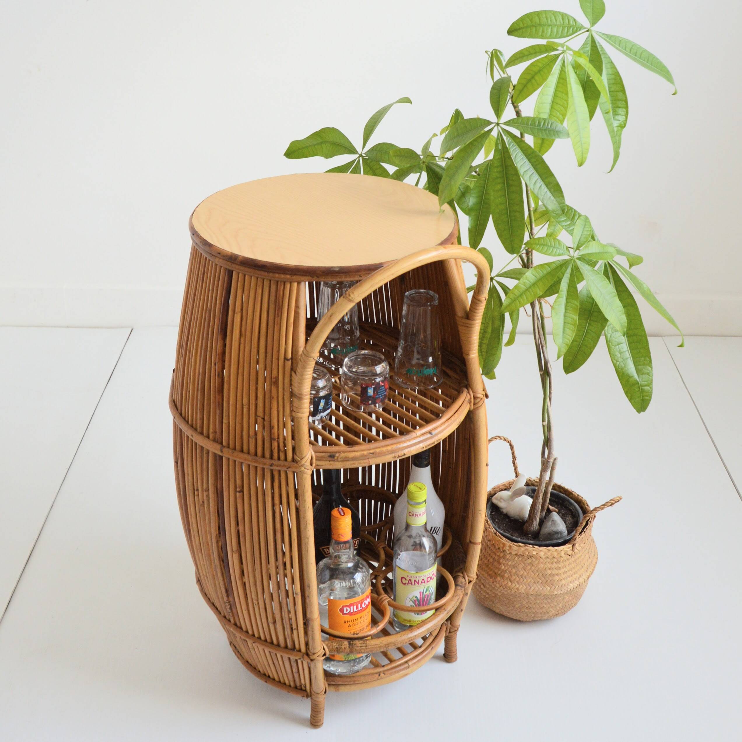Small barrel-shaped bar cabinet in bamboo and rattan, Italy, 1960s