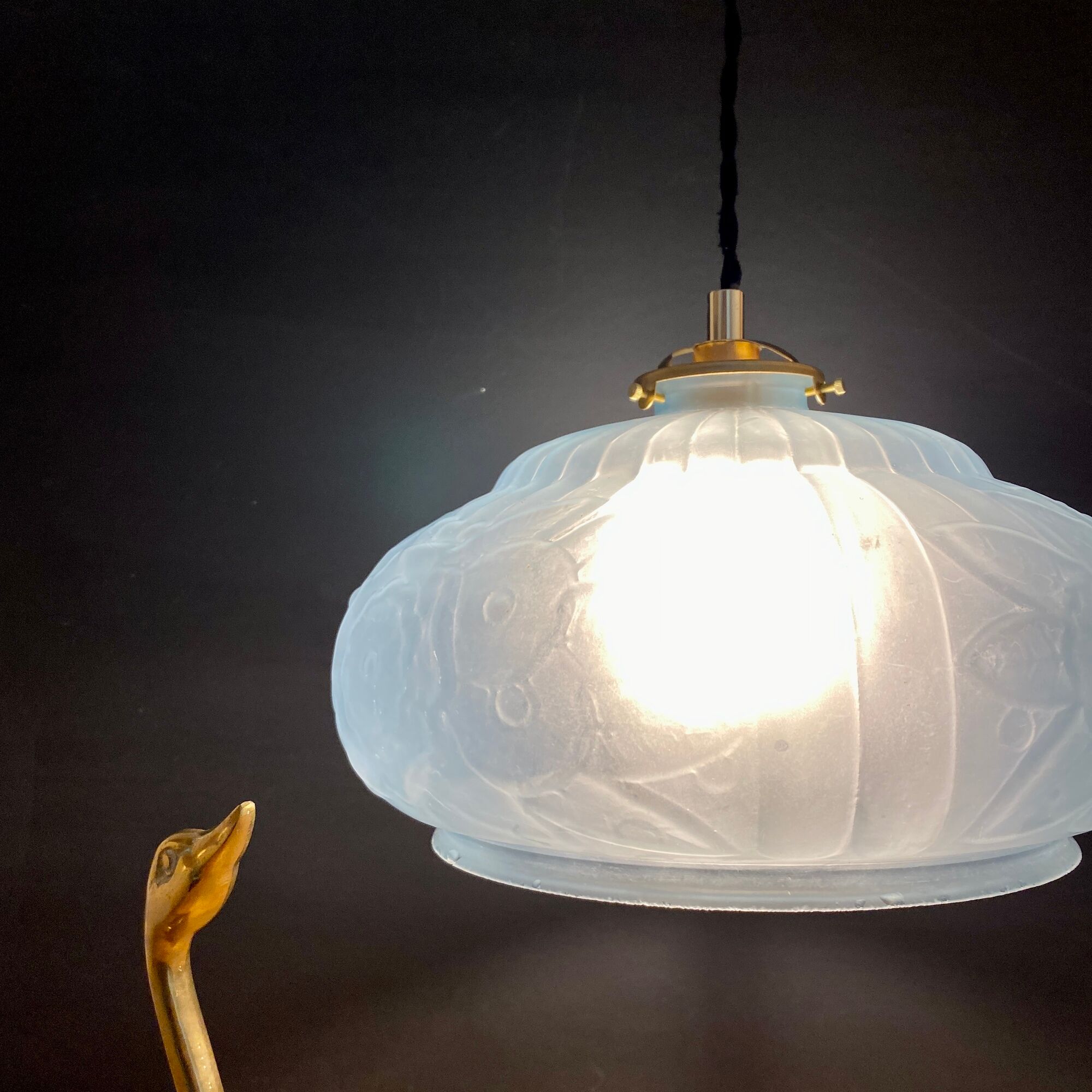 Vintage art deco lampshade pendant lamp in blue frosted glass