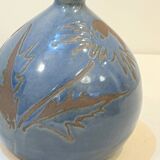 Lampe signé en grés bleu vintage chardons 1970 abat-jour corde raphia années 70 bohème