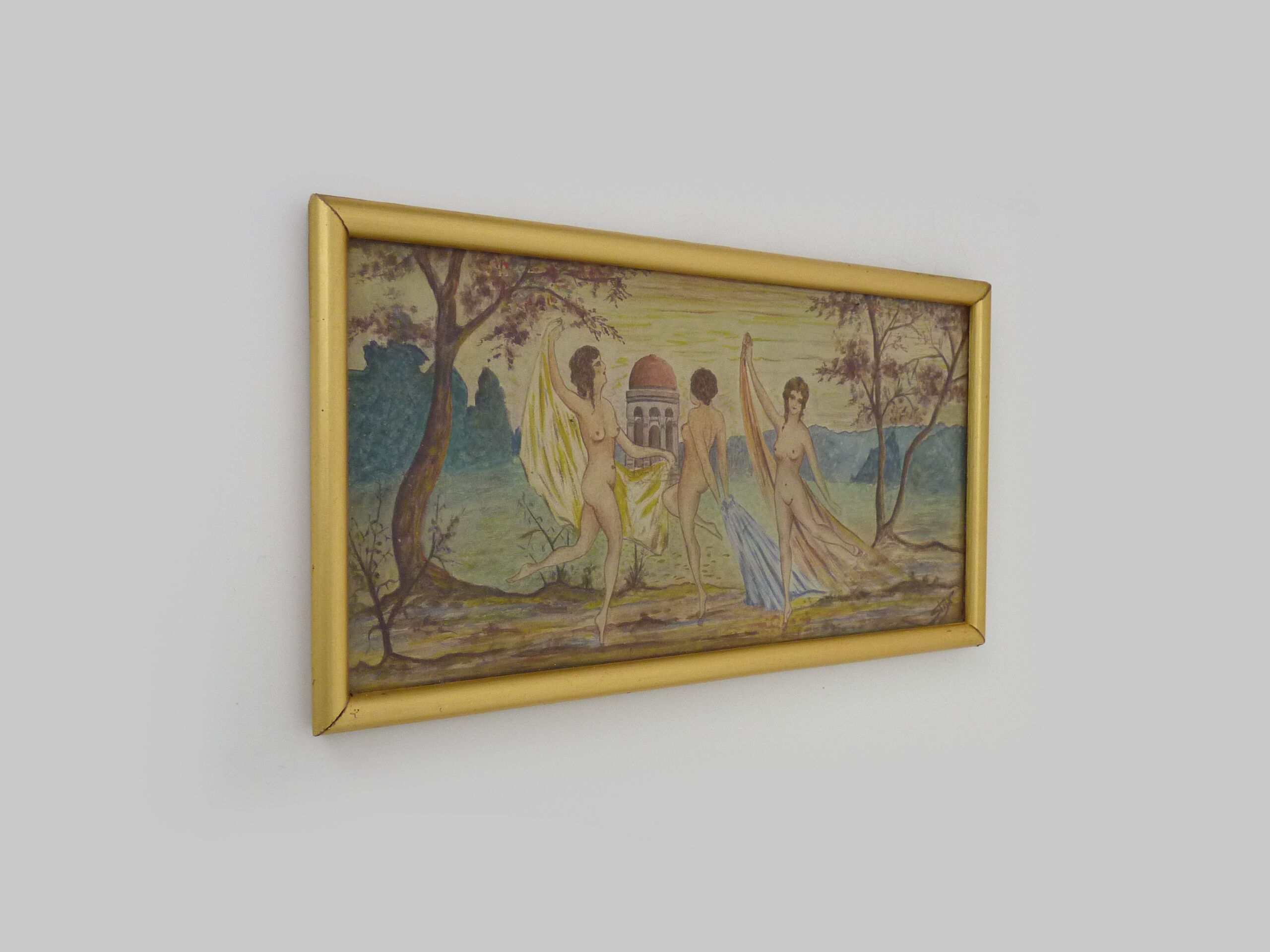 Mixed technical drawing 3 women dancing naked, 3 women in the bath. Signed. Year 20 30