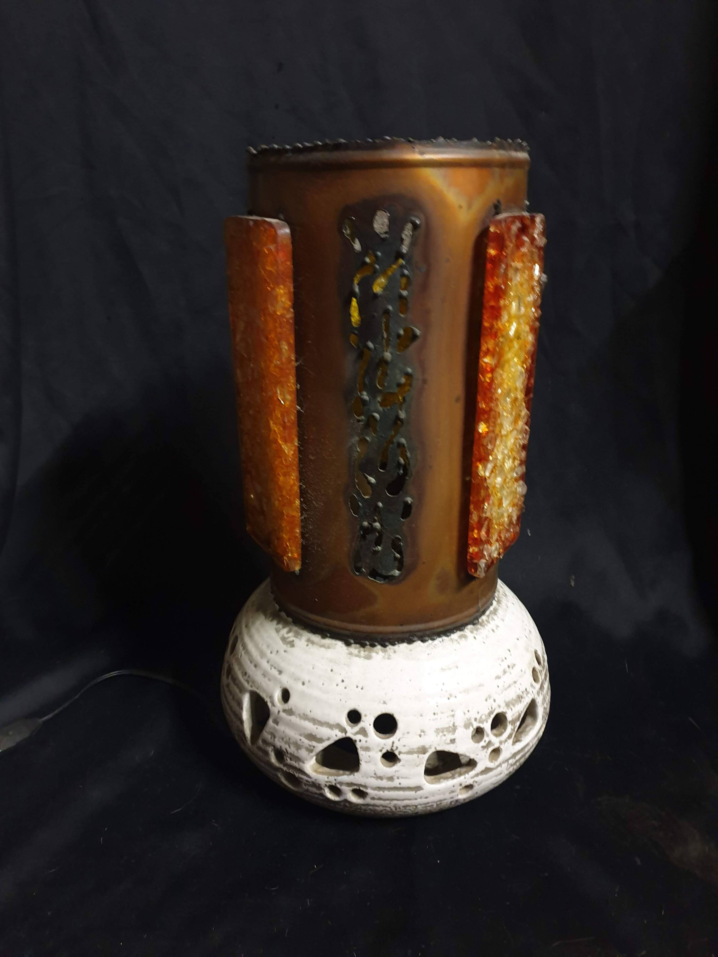 Grande lampe brutaliste signée accolay – céramique et résine – vintage 1960