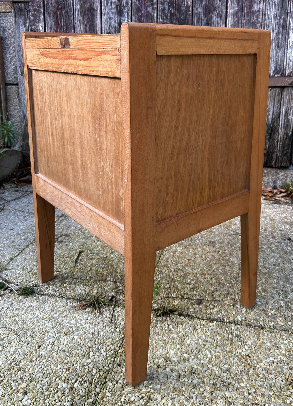 Wooden bedside table, warm tones, vintage, 1950s.