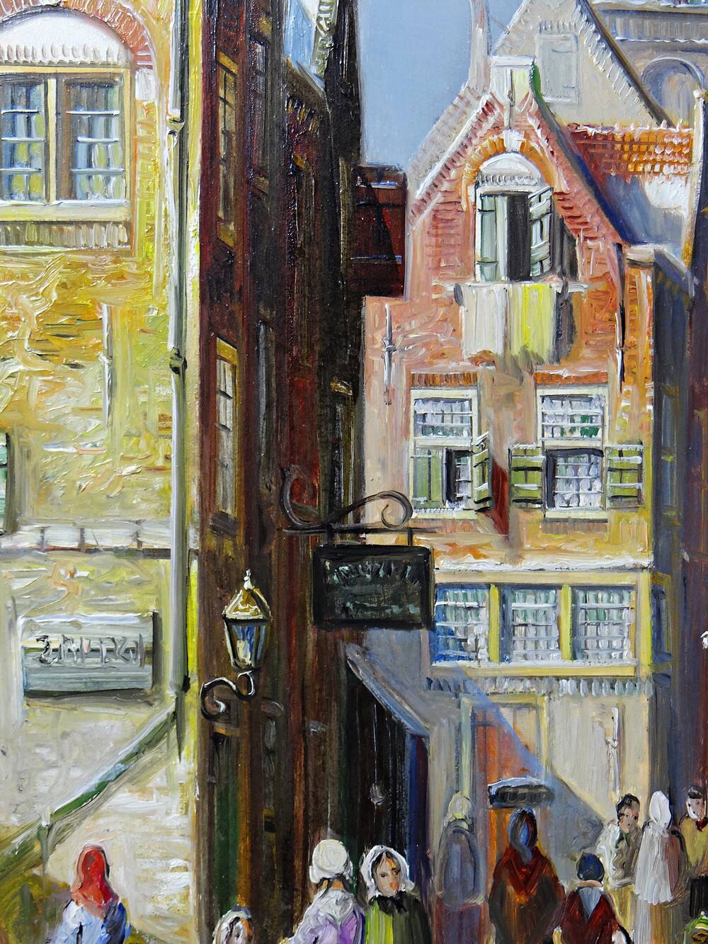 Large urban scene oil on wood framed painting John Haanstra vintage