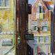 Large urban scene oil on wood framed painting John Haanstra vintage