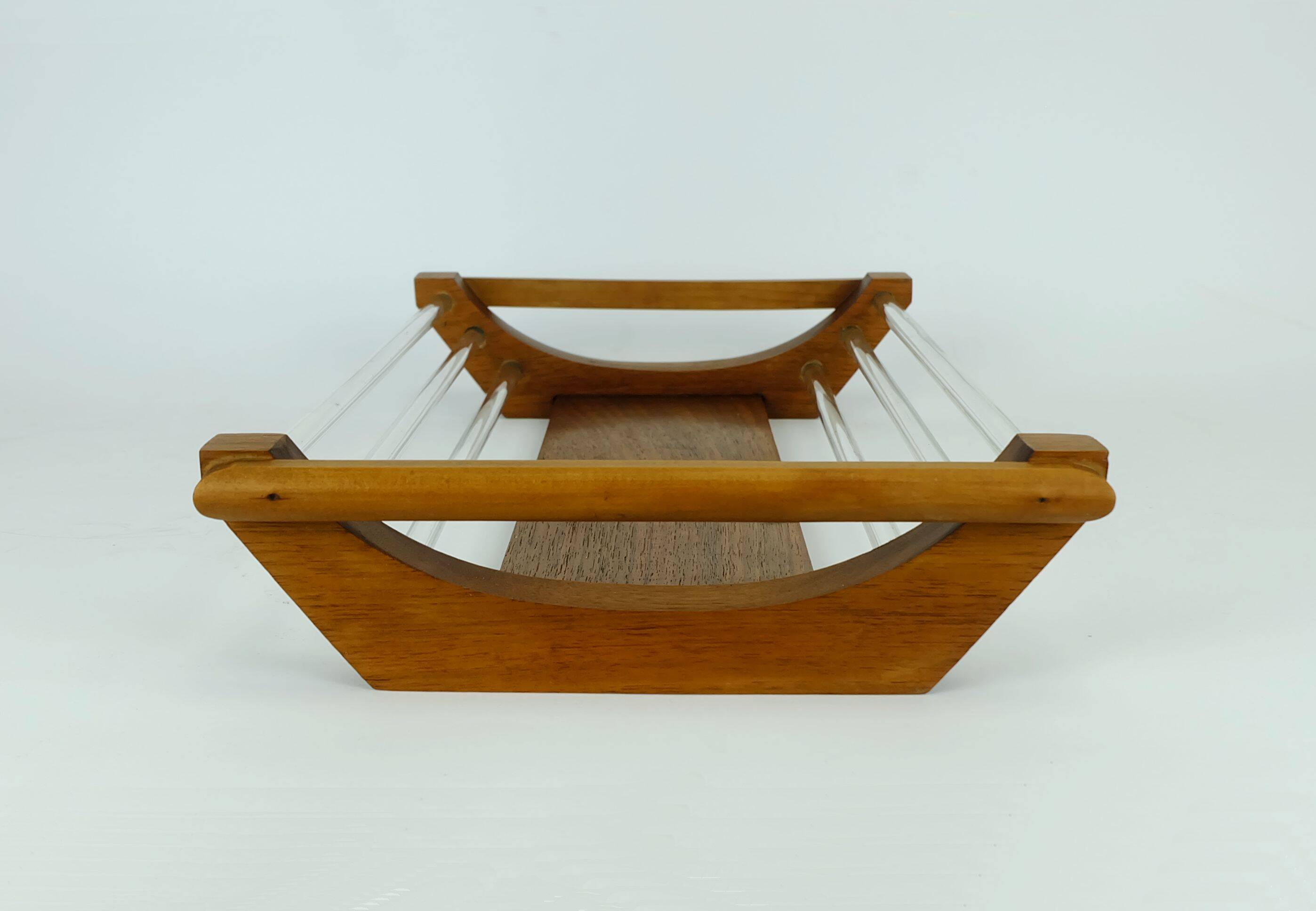 French geometric art déco fruit basket walnut and glass