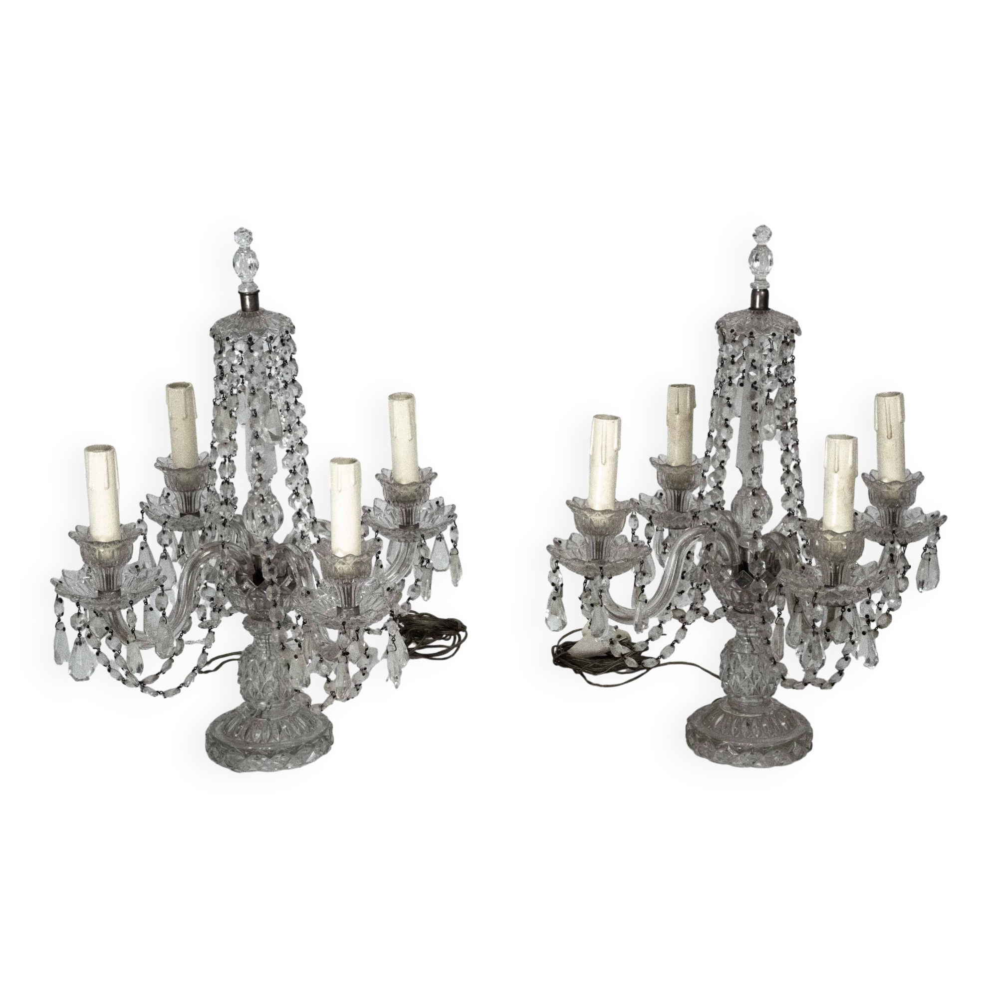 Lampes de table en cristal Maria Theresa avec candélabres. Ensemble de deux. Italie, années 1940.