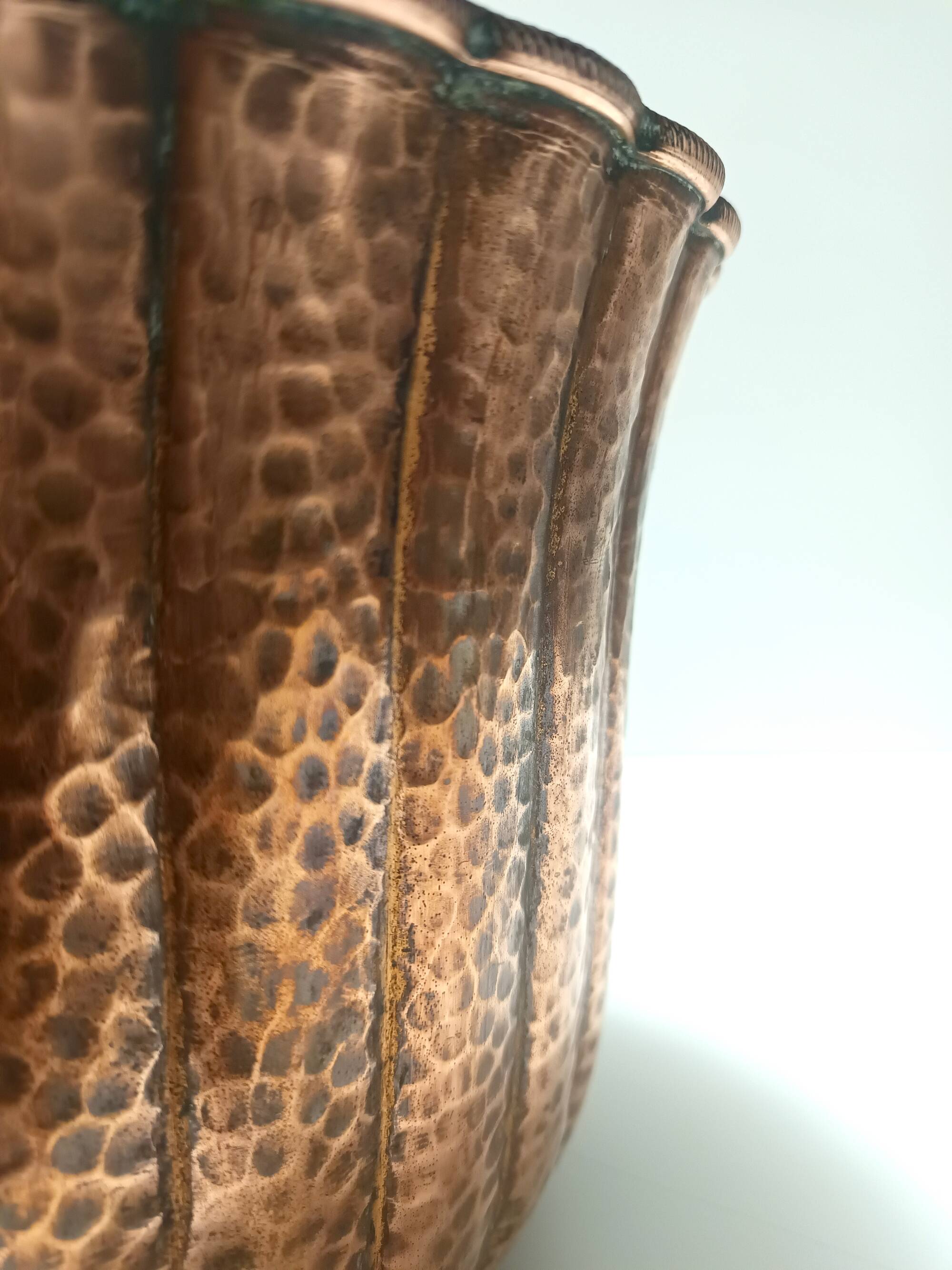 Round Embossed Copper Cachepot / Vase in the style of Egidio Casagrande