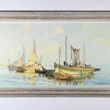 Peinture à l’Huile sur Isorel « Chalutier et Thoniers », signée G.Lhermitte – Milieu XXe