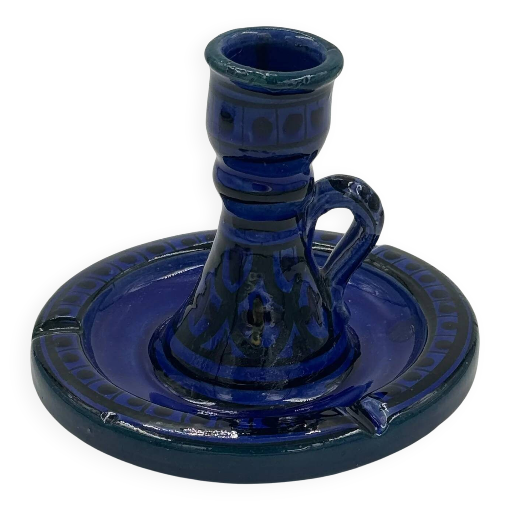 Vintage bedroom candle holder in cobalt blue glazed ceramic