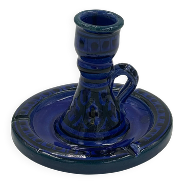Vintage bedroom candle holder in cobalt blue glazed ceramic