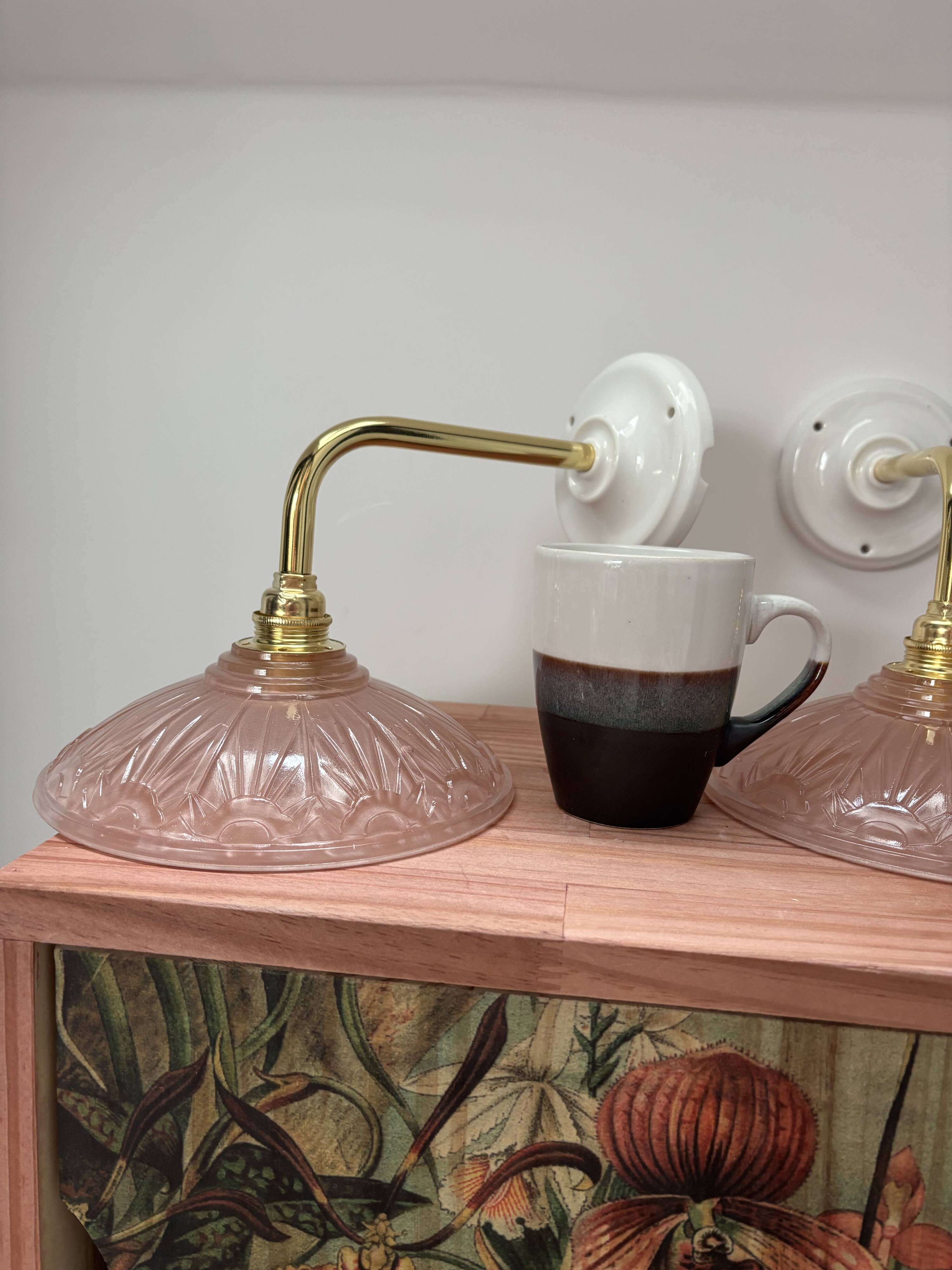Vintage pink Art Deco glass wall lights