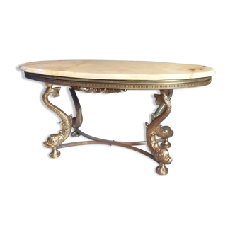 Table marbre pied en laiton massif koi fish style Hollywood regency