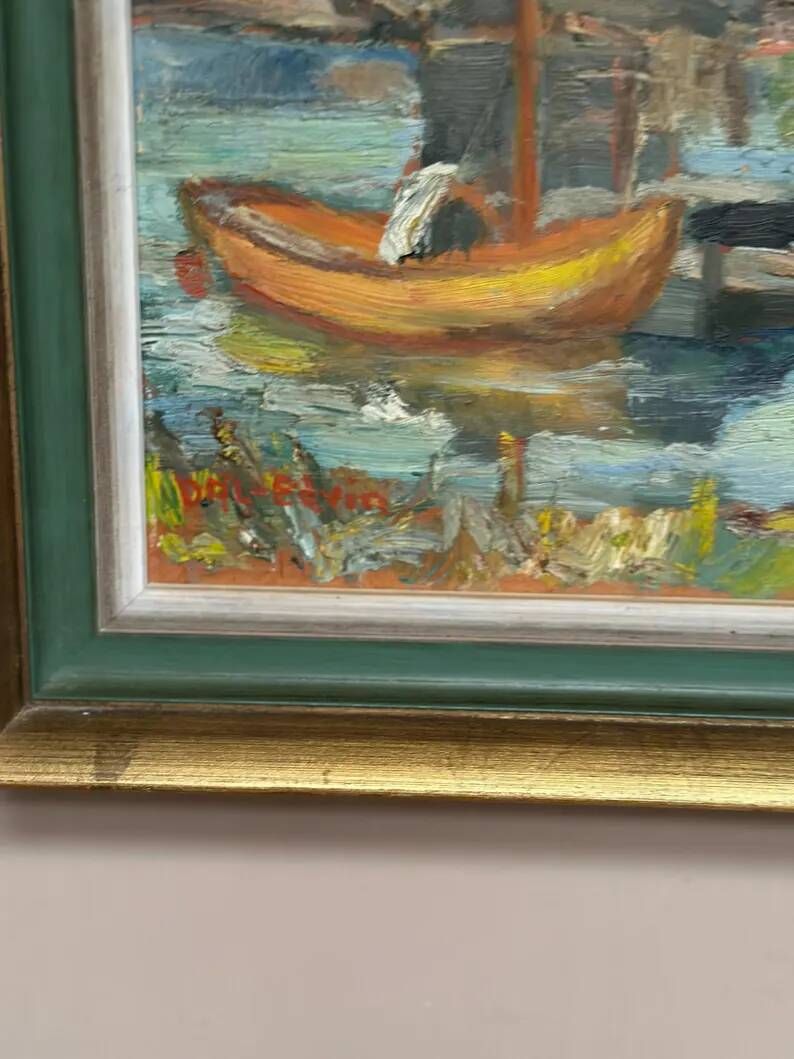 Oil on Swedish Panel - "Dock" by Dal-Edvin - Signed - Vintage and Framed - 31 × 30 cm (12.2 in × 11.8 in)