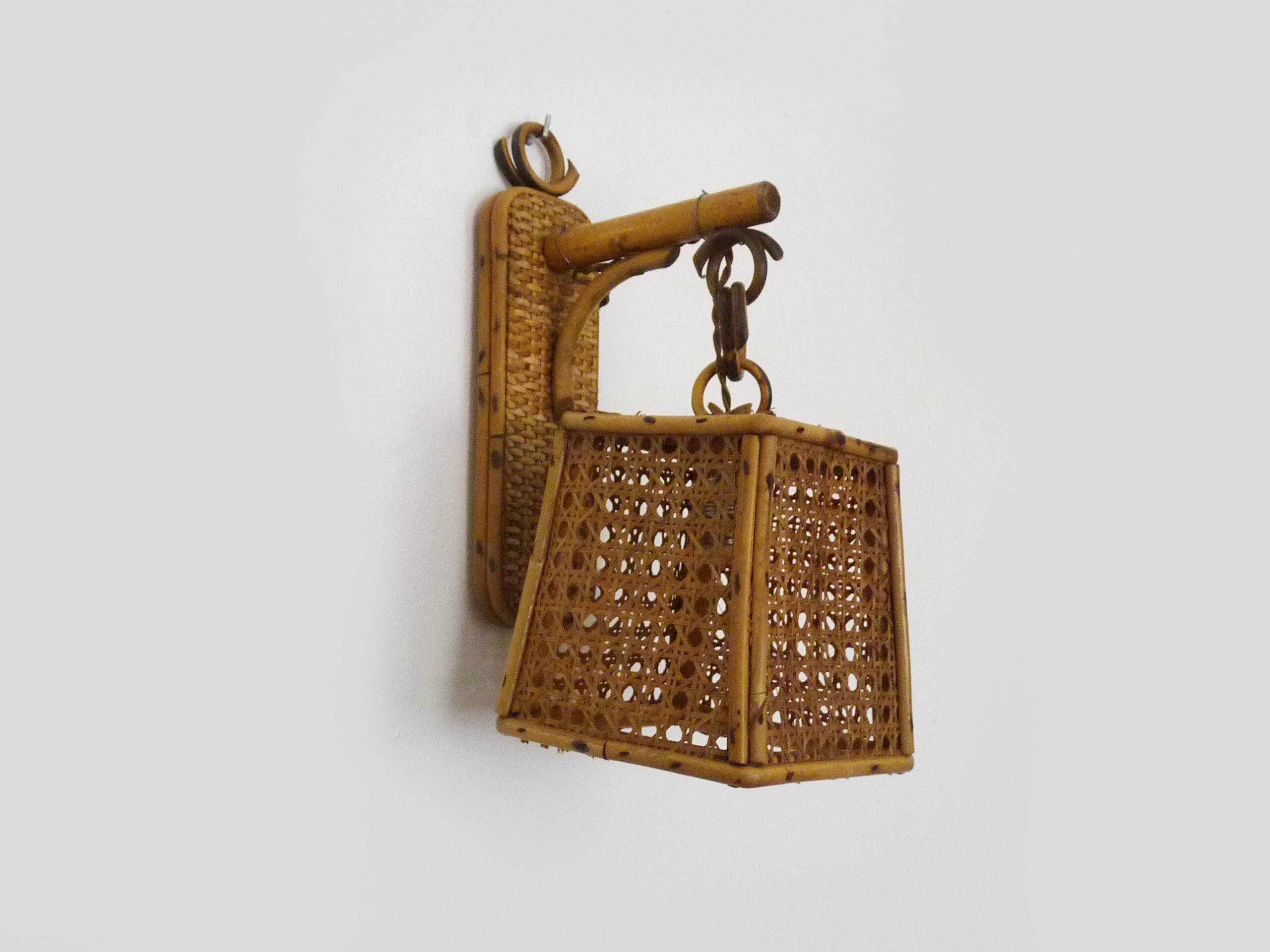 Rattan and cane lantern wall light. 1950s-1960s